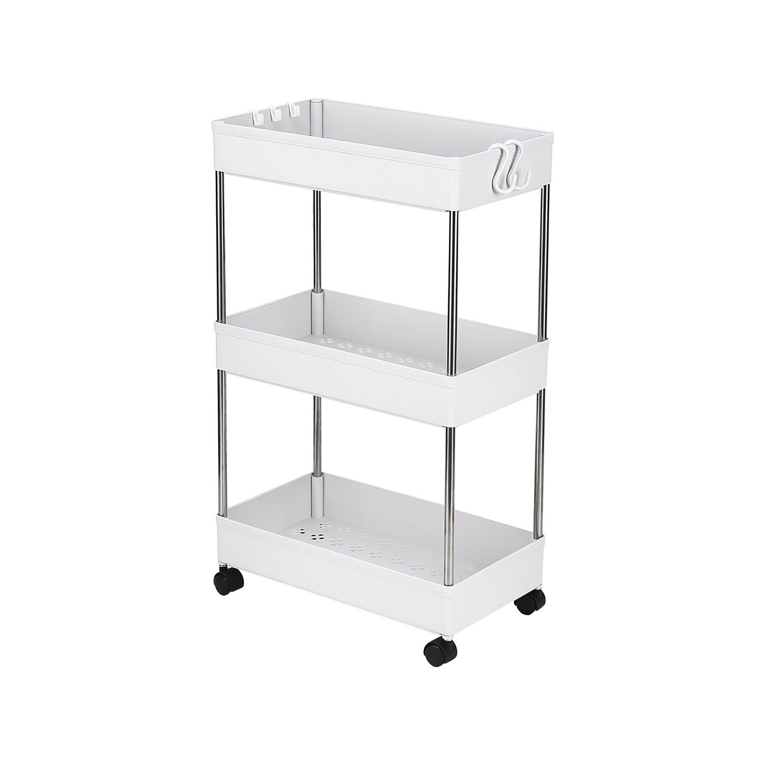 3-Tier Slide Out Storage Cart Rolling Utility Cart Storage Shelf Rack Mobile Storage Organizer Shelving for Office, Kitchen, Bedroom, Bathroom, Laundry Room & Dressers, White