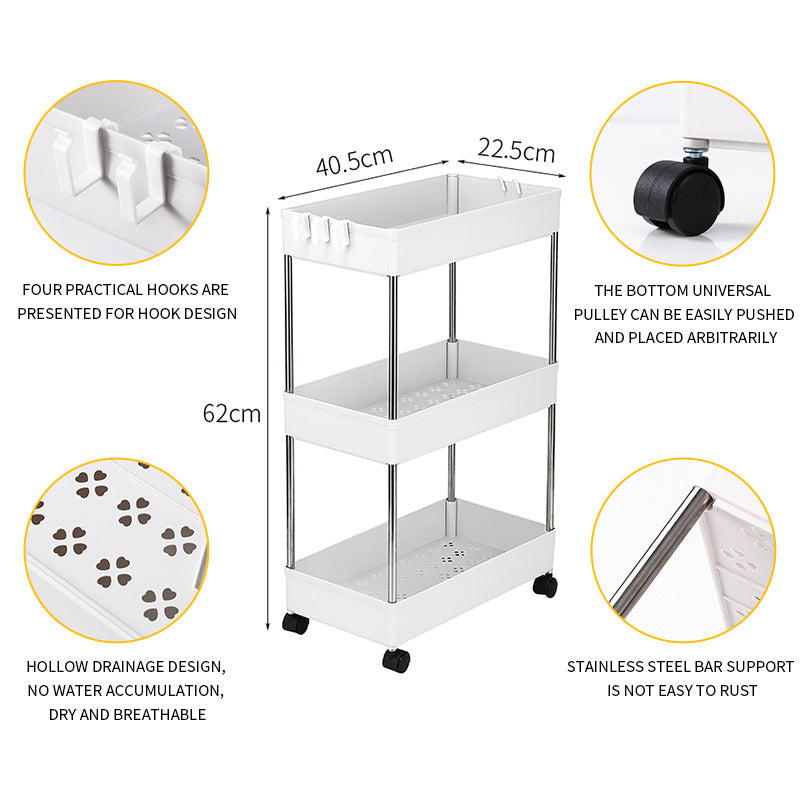 3-Tier Slide Out Storage Cart Rolling Utility Cart Storage Shelf Rack Mobile Storage Organizer Shelving for Office, Kitchen, Bedroom, Bathroom, Laundry Room & Dressers, White